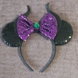 Unbranded Malificent, Sequin Horned Mouse Ear Headband with Purple Bow